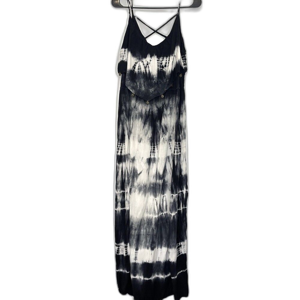 American Eagle Women's Tie Dye Maxi Dress Black & White Boho Ruffle Dress Size L